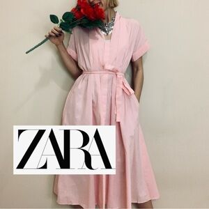 Zara Soft Pink Belted Midi Dress